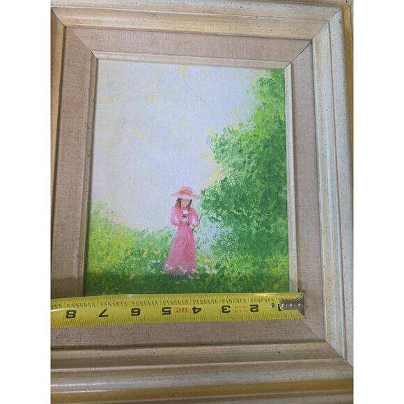 VTG Oil Painting Woman in Pink Dress in Garden Scene Signed Jennifer West 13x15 - Picture 4 of 16